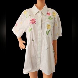 Vintage Quacker Factory Floral Bee Embroidered White Cotton Button Down Shirt 1X